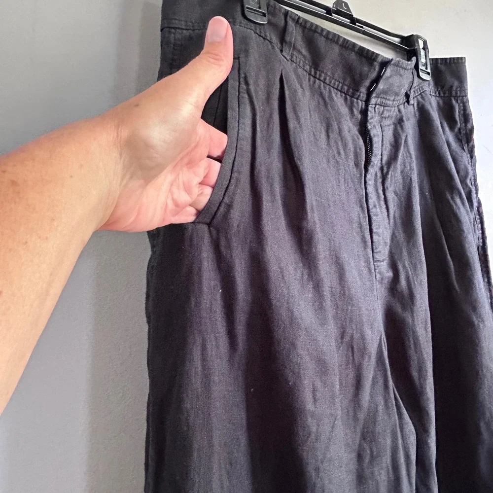 Everlane Way-High Drape Pant Black 100% Linen Wide Leg Pleated Trouser Size 16
